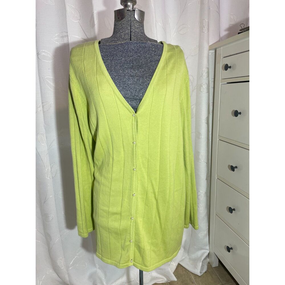 Maggie Barnes Lime Green Cardigan Sweater Pearl Buttons